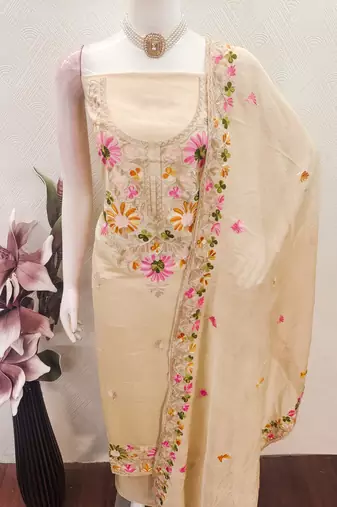  beige embroidery silk dress material