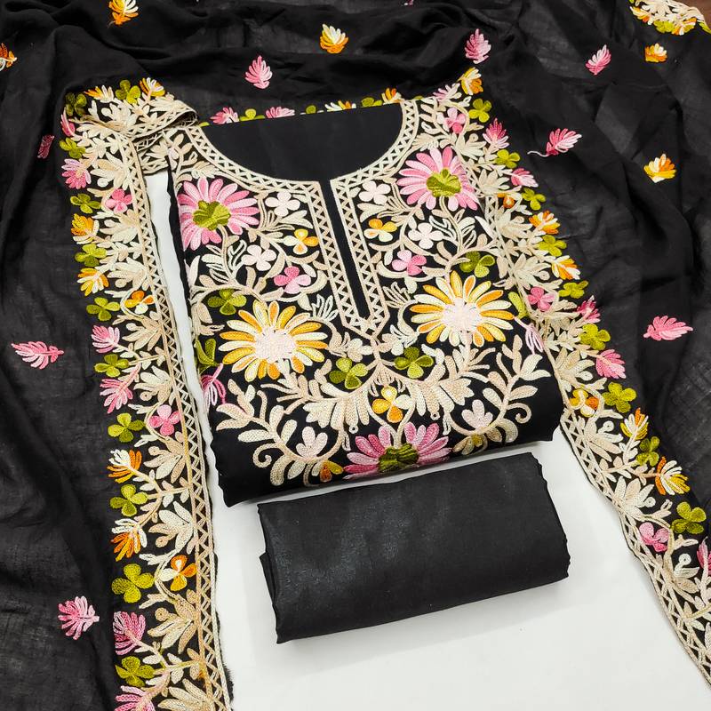 Women's black embroidery silk dress material