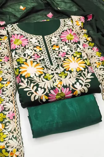 Women's green embroidery silk dress material