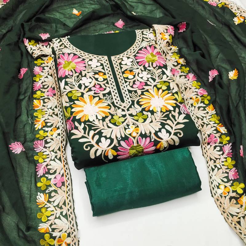 Women's green embroidery silk dress material