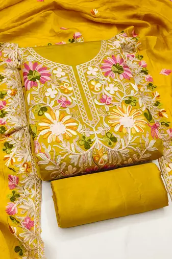 Women's light green embroidery silk dress material