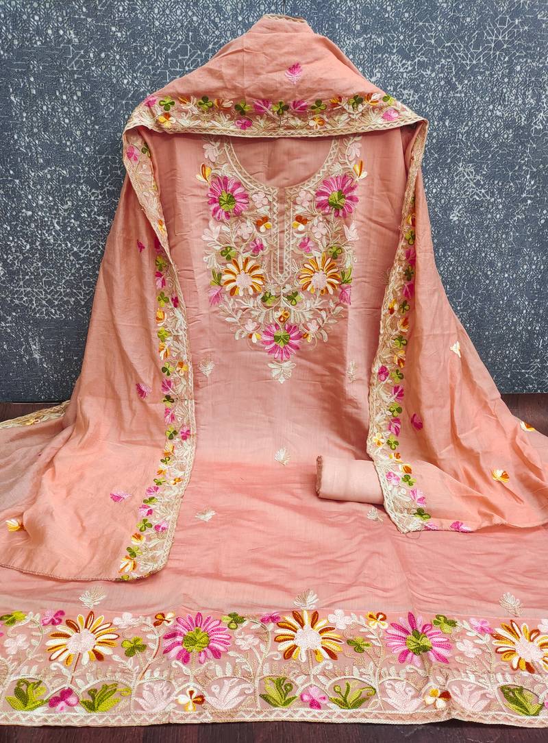 Women's peach embroidery silk dress material