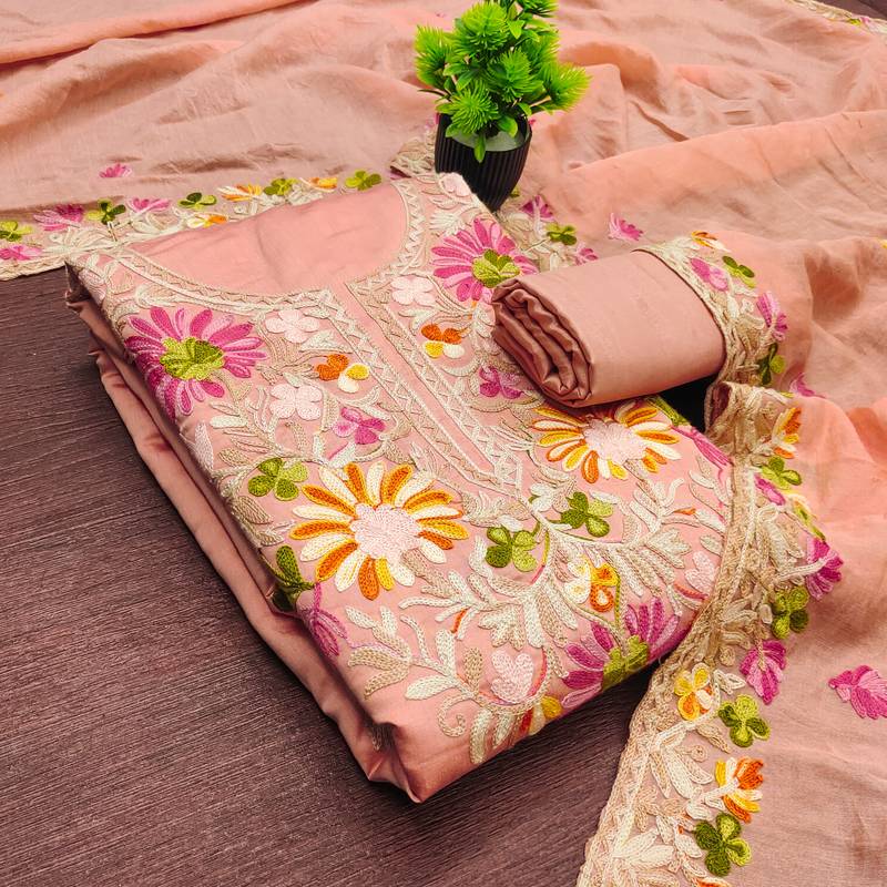 Women's peach embroidery silk dress material