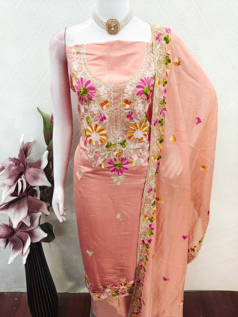 Women's peach embroidery silk dress material
