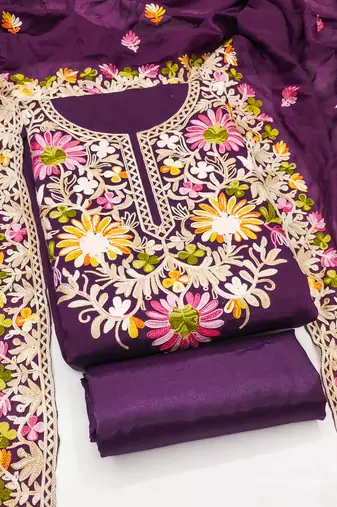 Women's purple embroidery silk dress material