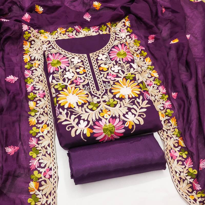 Women's purple embroidery silk dress material