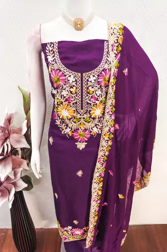  purple embroidery silk dress material