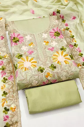 Women's light green embroidery silk dress material