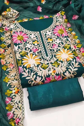 Women's teal blue embroidery silk dress material