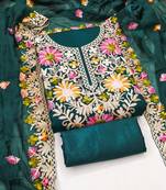 Women's teal blue embroidery silk dress material