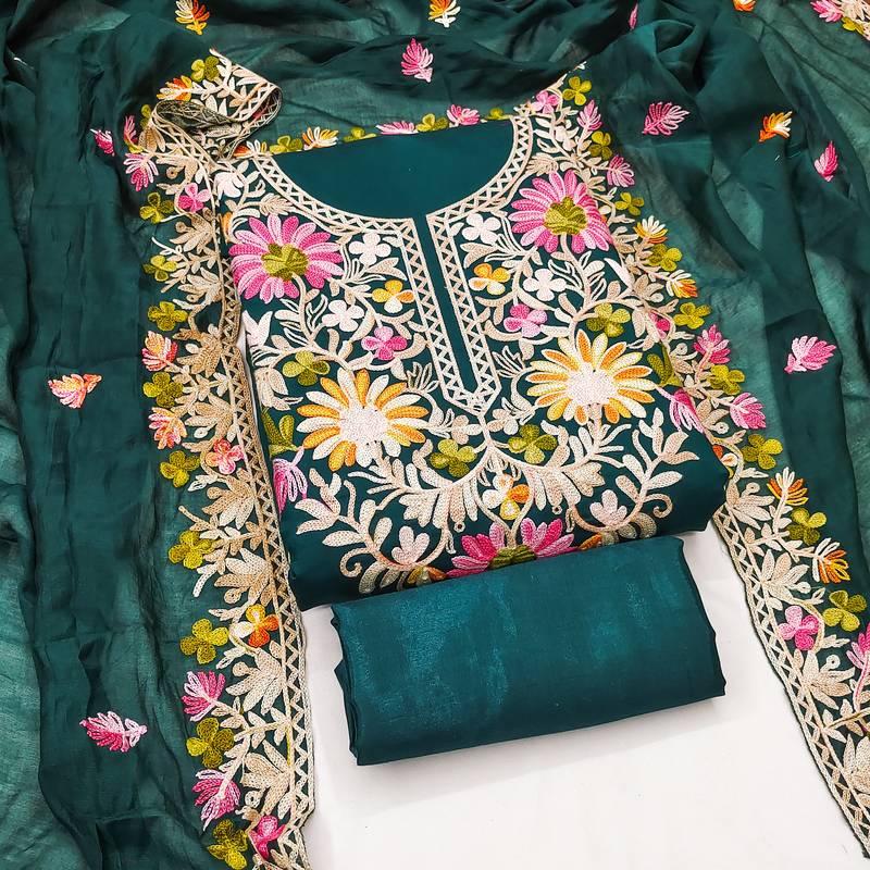 Women's teal blue embroidery silk dress material