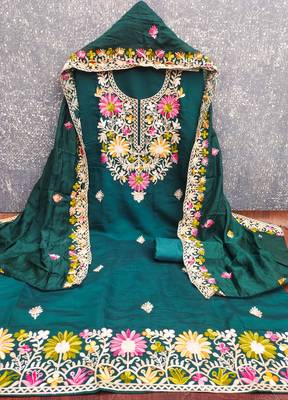  teal blue embroidery silk dress material 2