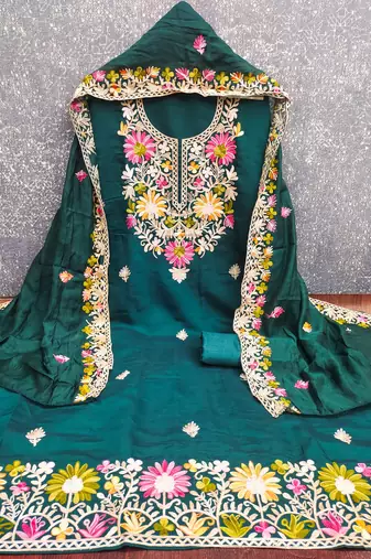  teal blue embroidery silk dress material