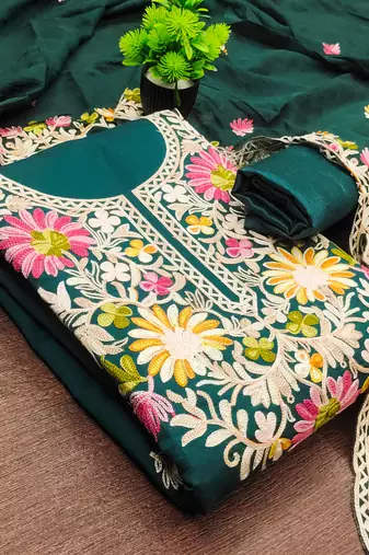  teal blue embroidery silk dress material