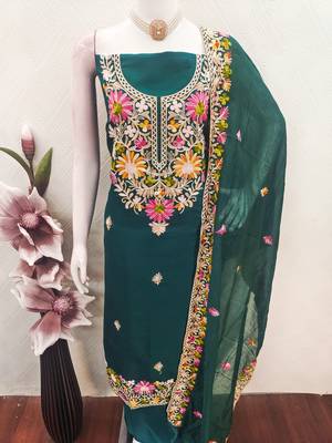  teal blue embroidery silk dress material 4