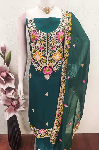  teal blue embroidery silk dress material