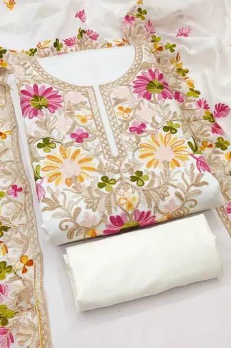 Women's white embroidery silk dress material