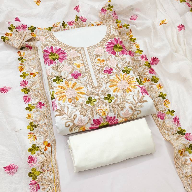 Women's white embroidery silk dress material