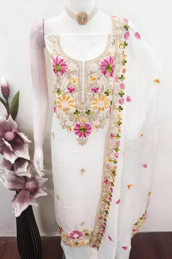  white embroidery silk dress material