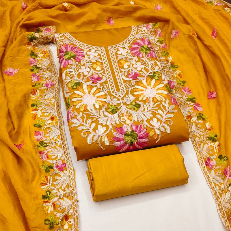 Women's yellow embroidery silk dress material