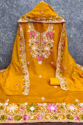  yellow embroidery silk dress material