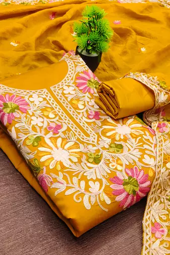  yellow embroidery silk dress material