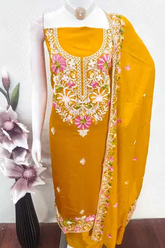  yellow embroidery silk dress material