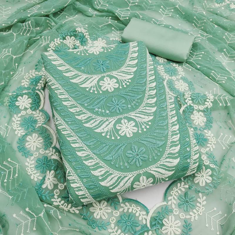 Women's sea green embroidery georgette dress material