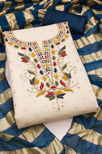 Women's white embroidery cotton dress material