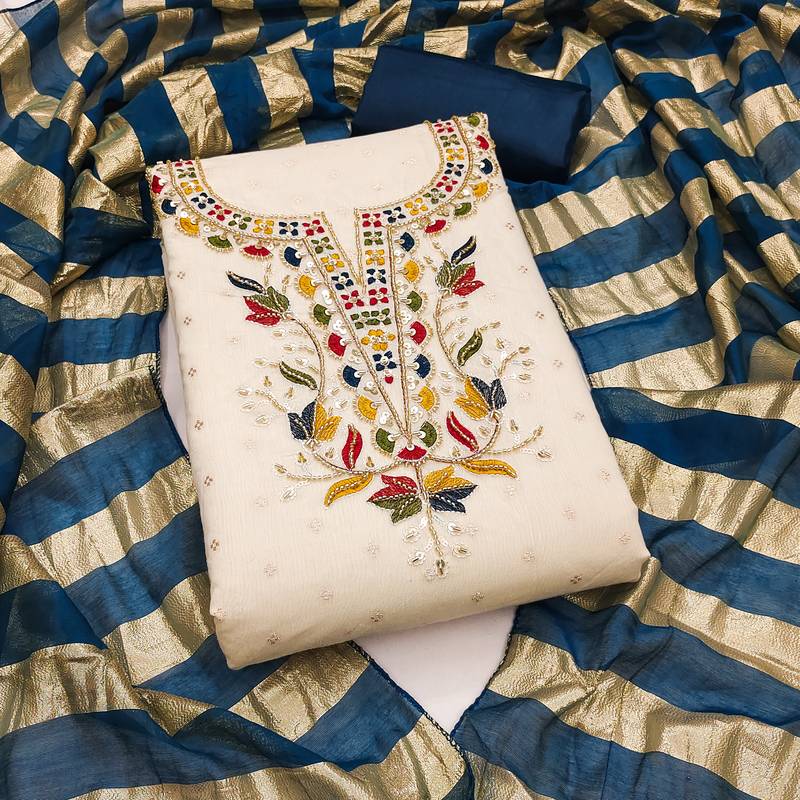 Women's white embroidery cotton dress material