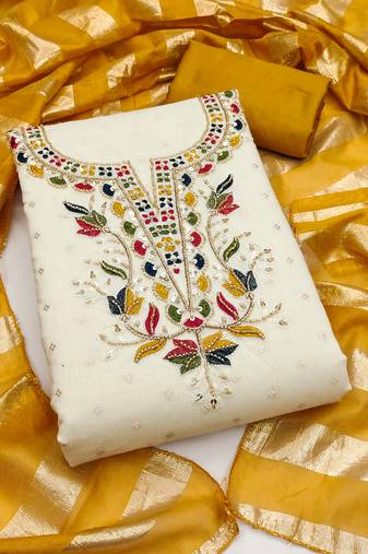 Women's white embroidery cotton dress material