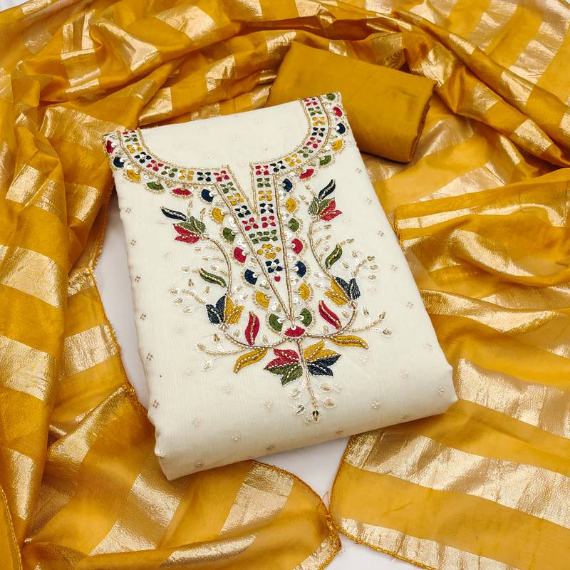 Women's white embroidery cotton dress material
