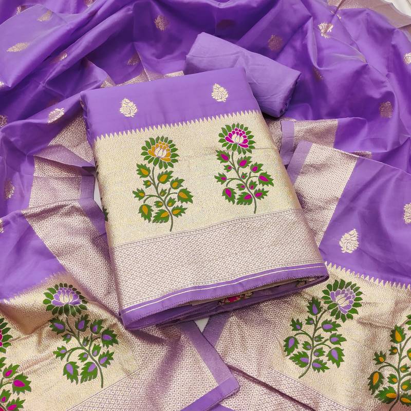 Women's embroidery lichi silk minakari dress material