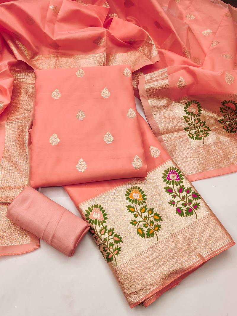 Women's embroidery lichi silk minakari dress material