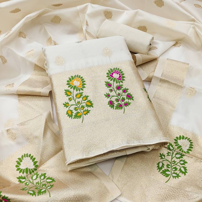 Women's embroidery lichi silk minakari dress material