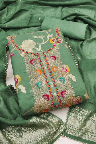 Women's sea green embroidered modal dress material