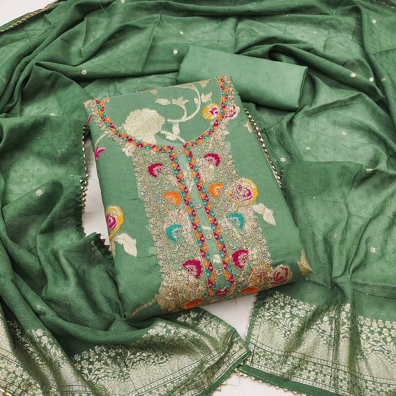 Women's sea green embroidered modal dress material