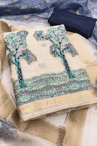 Women's beige weaving handwork jacquard dress material