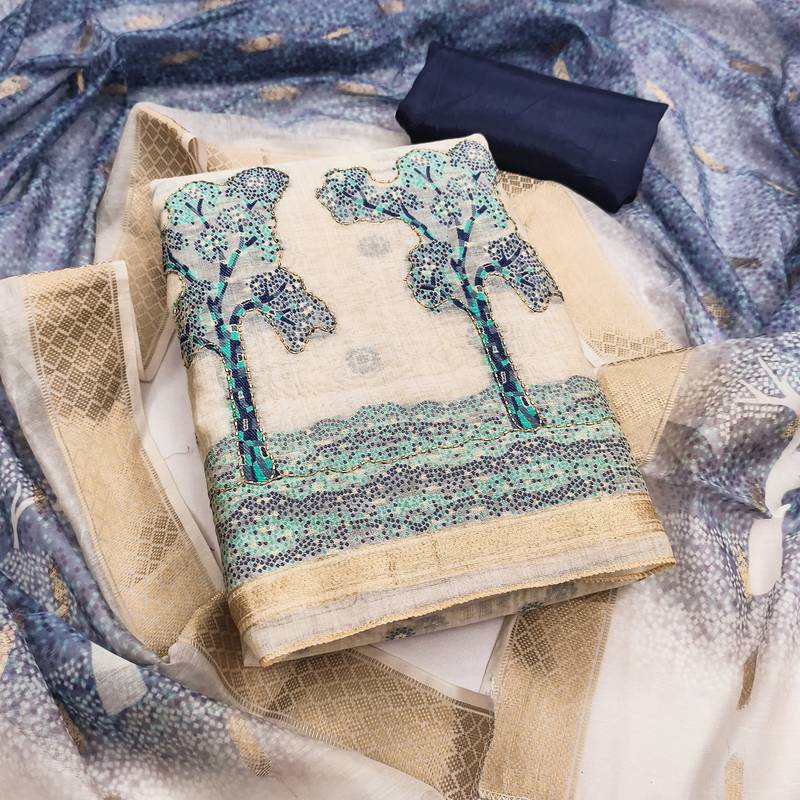 Women's beige weaving handwork jacquard dress material