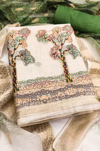 Women's beige weaving handwork jacquard dress material