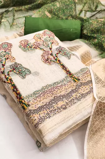  beige weaving handwork jacquard dress material