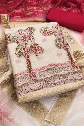 Women's beige weaving handwork jacquard dress material