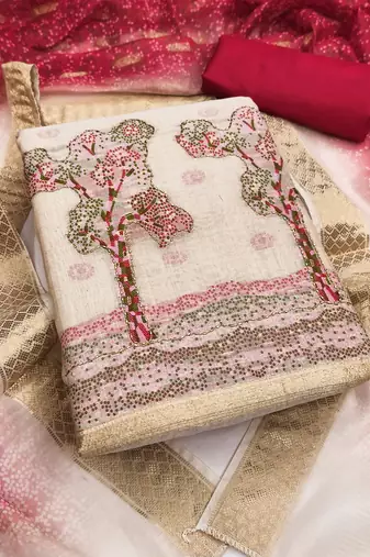 Women's beige weaving handwork jacquard dress material