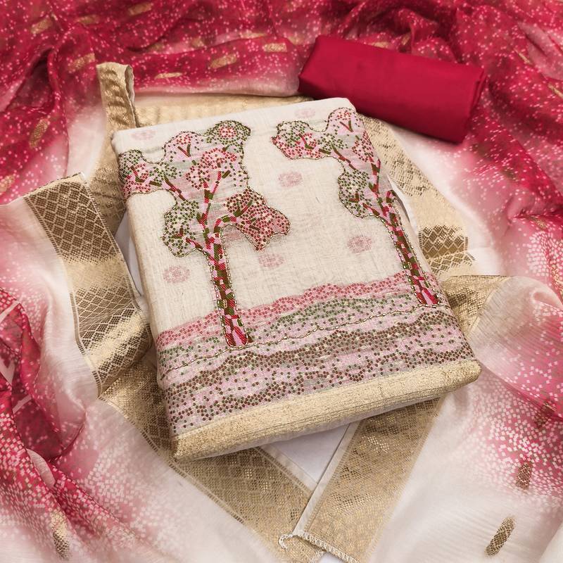 Women's beige weaving handwork jacquard dress material