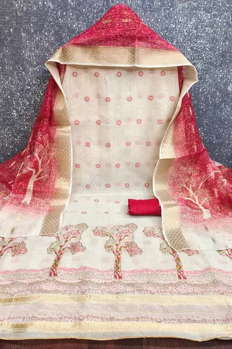  beige weaving handwork jacquard dress material