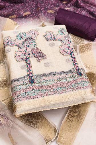 Women's beige weaving handwork jacquard dress material