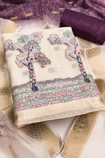 Women's beige weaving handwork jacquard dress material