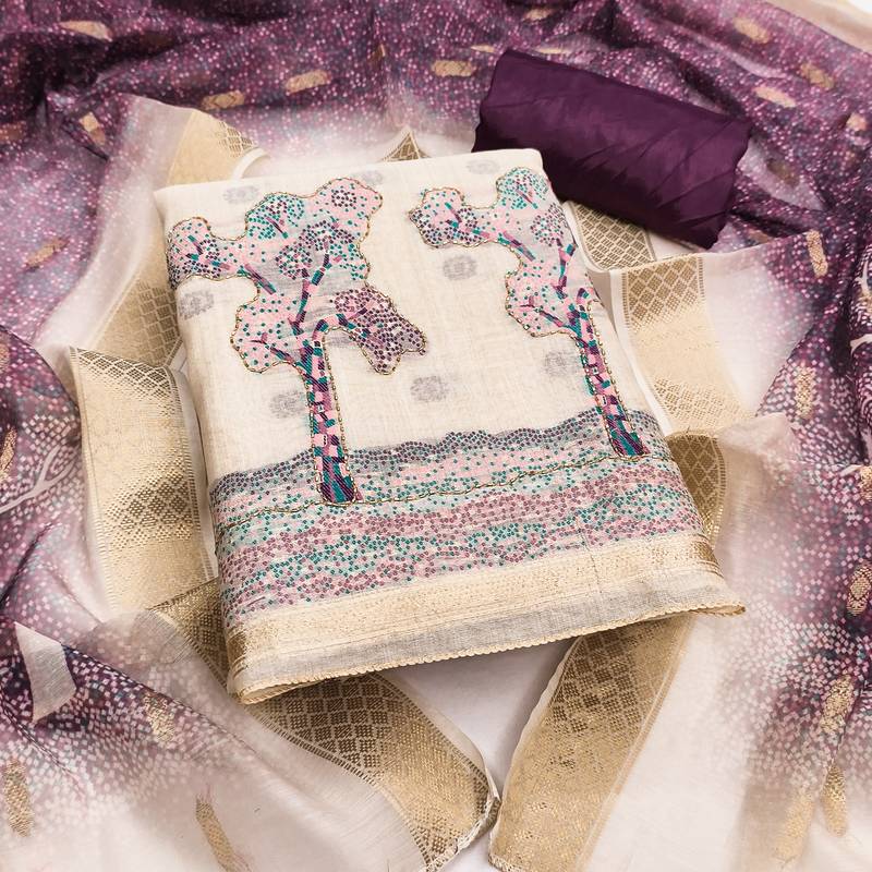 Women's beige weaving handwork jacquard dress material