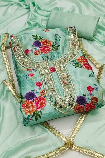 Women's sea green digital print chinnon dress material