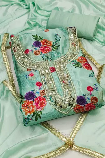 Women's sea green digital print chinnon dress material